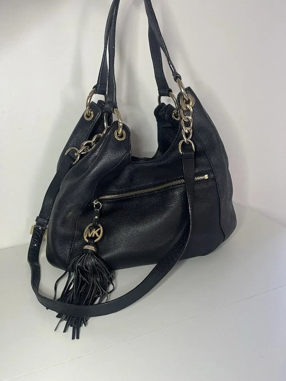 Michael Kors Large Shoulder Bag Tote Charm Tassel Black Leather Hobo Handbag